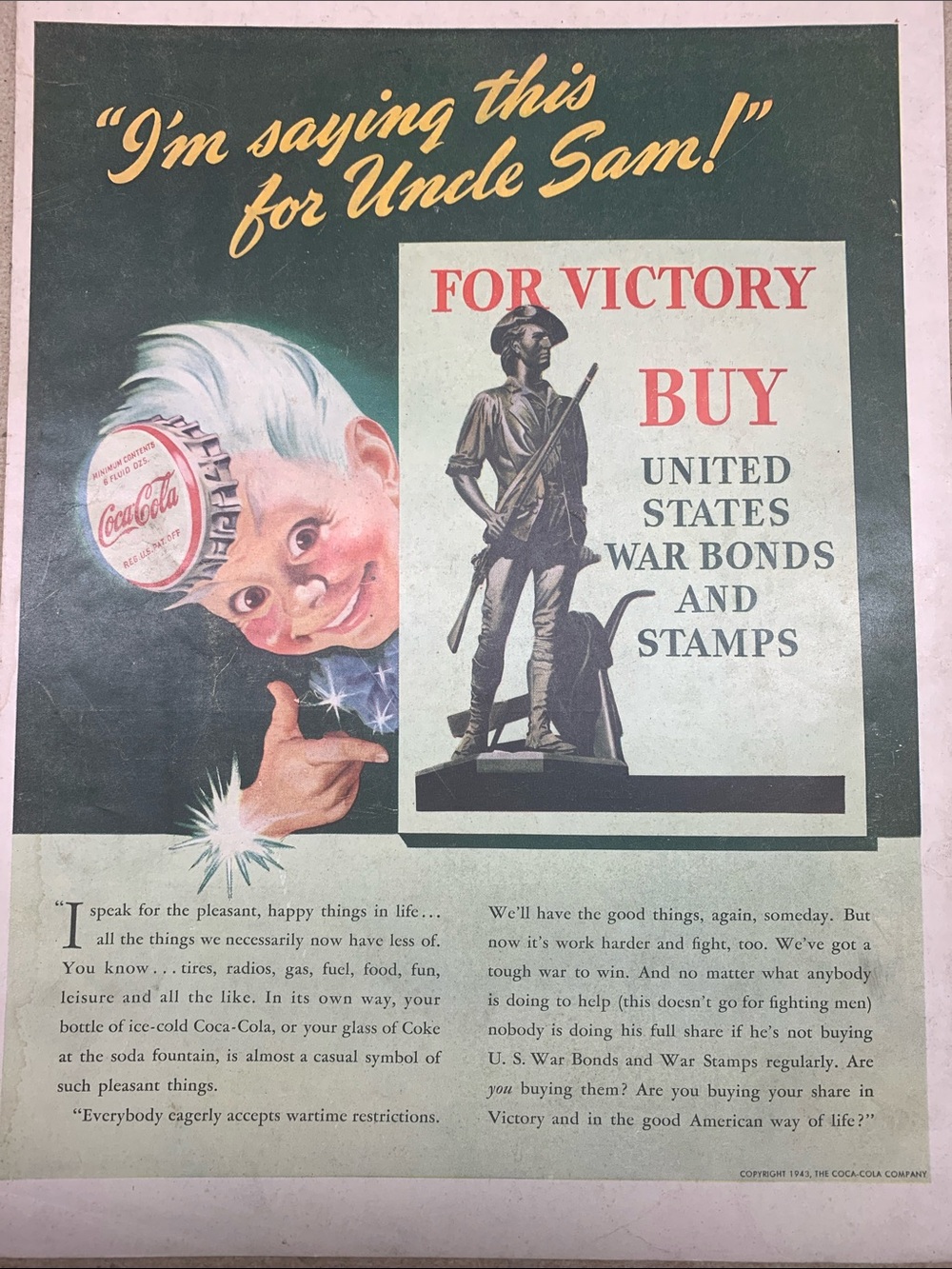 Vintage Coca-Cola Uncle Sam Bottlecap WW2 Ad. Life Magazine April 5, 1943